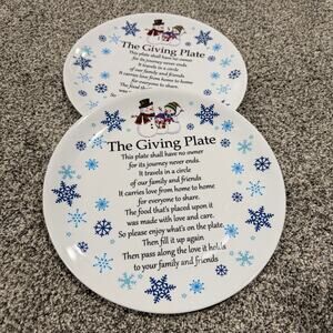 Holiday Snowman Snowflake TWO Giving Plates with Phrases. Brand New